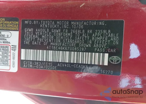 2007 Toyota Camry Se из США, поврежденный, VIN 4T1BE46K67U085287